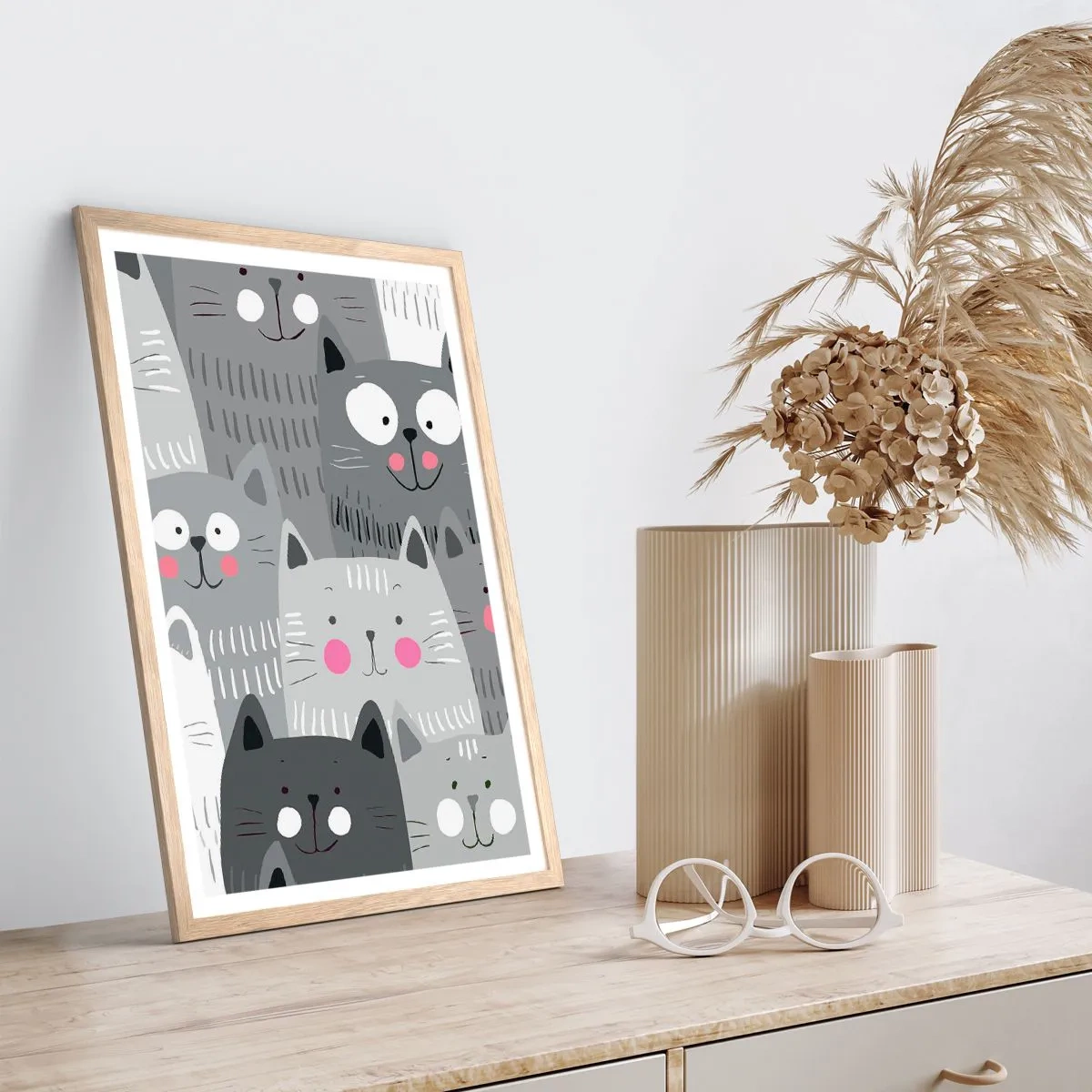 Plakát v rámu světlý dub - Kočičí svět - 70x100 cm