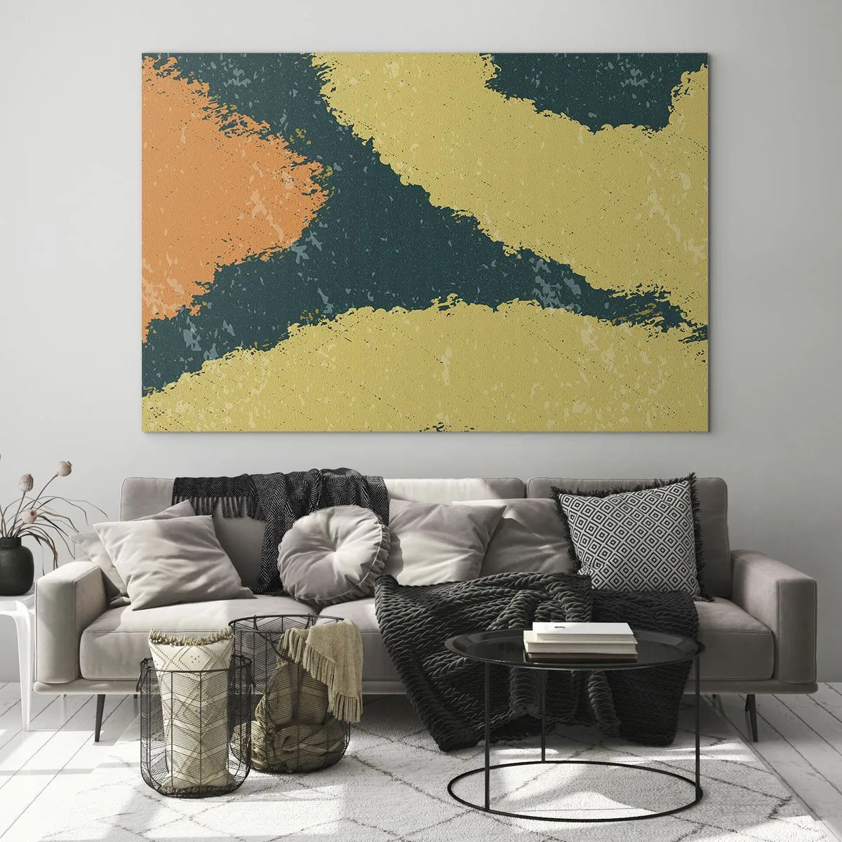 Obraz na skle - Plynulá abstrakce v hořčicové, zelené a oranžové barvě. - 70x50cm - Abstrakce – zpomalený pohyb - Moderní nástěnná dekorace do obývacího pokoje a ložnice ARTTOR