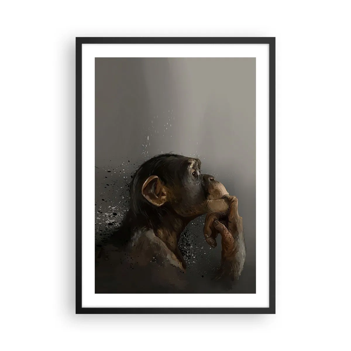 Plakát v černém rámu - Portrét myslící opice v jemných šedých tónech s abstraktním pozadím - 50x70cm - Určitě myslitel - Moderní nástěnná dekorace do obývacího pokoje a ložnice ARTTOR