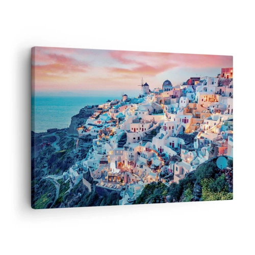 Obraz na plátně - Santorini při západu slunce s bílými budovami na kopci - 70x50cm - Tvoje tlustá řecká dovolená - Moderní nástěnná dekorace do obývacího pokoje a ložnice ARTTOR