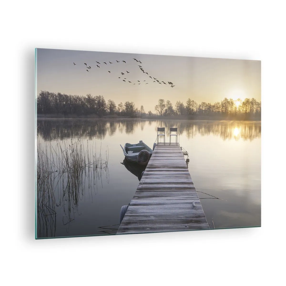 Obraz na skle - Ráno u jezera s molem - 70x50cm - Časem se vrátím - Moderní nástěnná dekorace do obývacího pokoje a ložnice ARTTOR