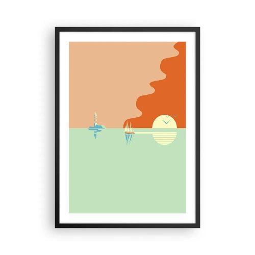 Plakát v černém rámu - Minimalistický západ slunce s plachetnicí v pozadí - 50x70cm - Dokonalá mořská krajina - Moderní nástěnná dekorace do obývacího pokoje a ložnice ARTTOR
