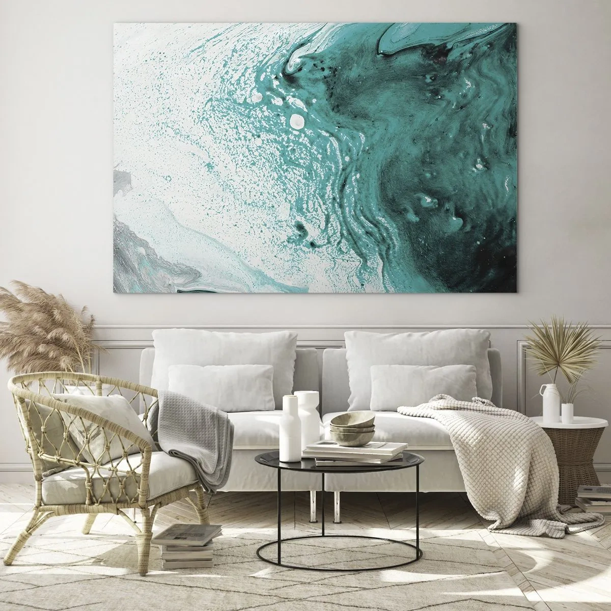 Obraz na skle - Abstraktní obraz v odstínech bílé a tyrkysové - 70x50cm - Propadnout v bílé a tyrkysové - Moderní nástěnná dekorace do obývacího pokoje a ložnice ARTTOR