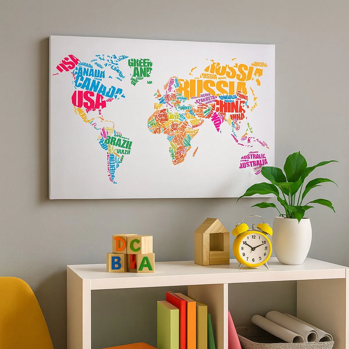 Obraz na plátně - Barevná mapa světa s názvy zemí - 70x50cm - Chci poznat všechny - Moderní nástěnná dekorace do obývacího pokoje a ložnice ARTTOR