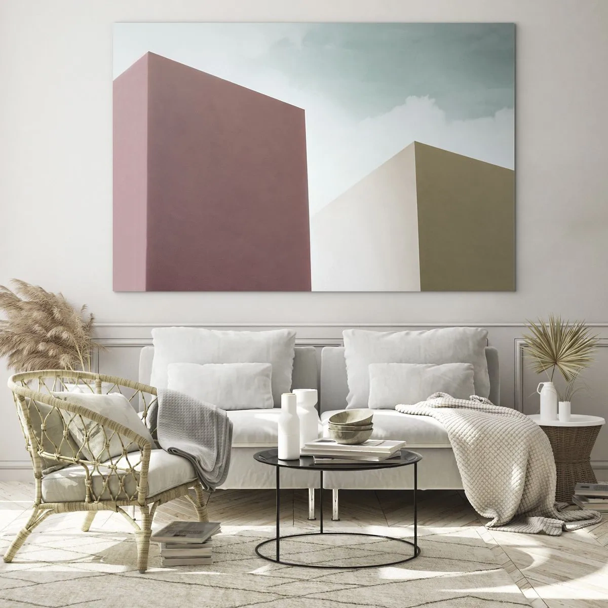 Obraz na skle - Geometrické budovy v pastelových barvách - 70x50cm - Geometrie slunečného léta - Moderní nástěnná dekorace do obývacího pokoje a ložnice ARTTOR