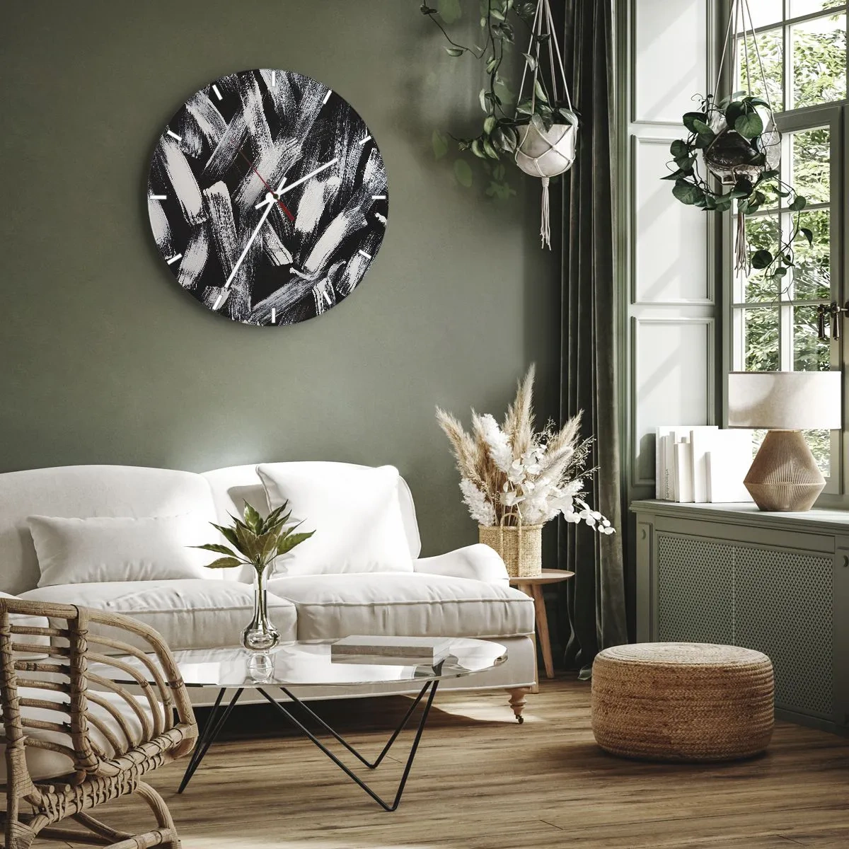 Nástěnné hodiny - Bílé tahy štětcem na černém pozadí v industriálním stylu - 30x30cm - Abstrakce v industriálním duchu - Moderní nástěnná dekorace do obývacího pokoje, kuchyně a ložnice ARTTOR