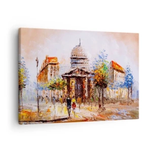 Obraz na plátně - Impresionistická městská scenérie s historickou budovou - 70x50cm - Pařížská procházka - Moderní nástěnná dekorace do obývacího pokoje a ložnice ARTTOR
