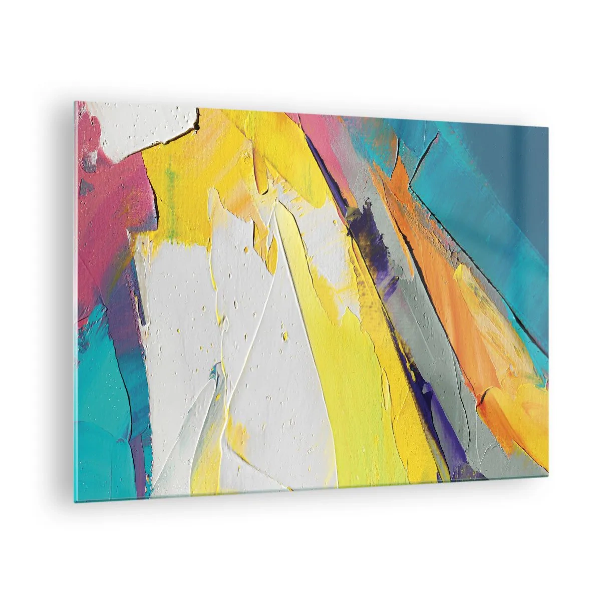 Obraz na skle - Abstraktní tahy štětcem ve žluté, modré a bílé barvě - 70x50cm - Anatomie světla - Moderní nástěnná dekorace do obývacího pokoje a ložnice ARTTOR