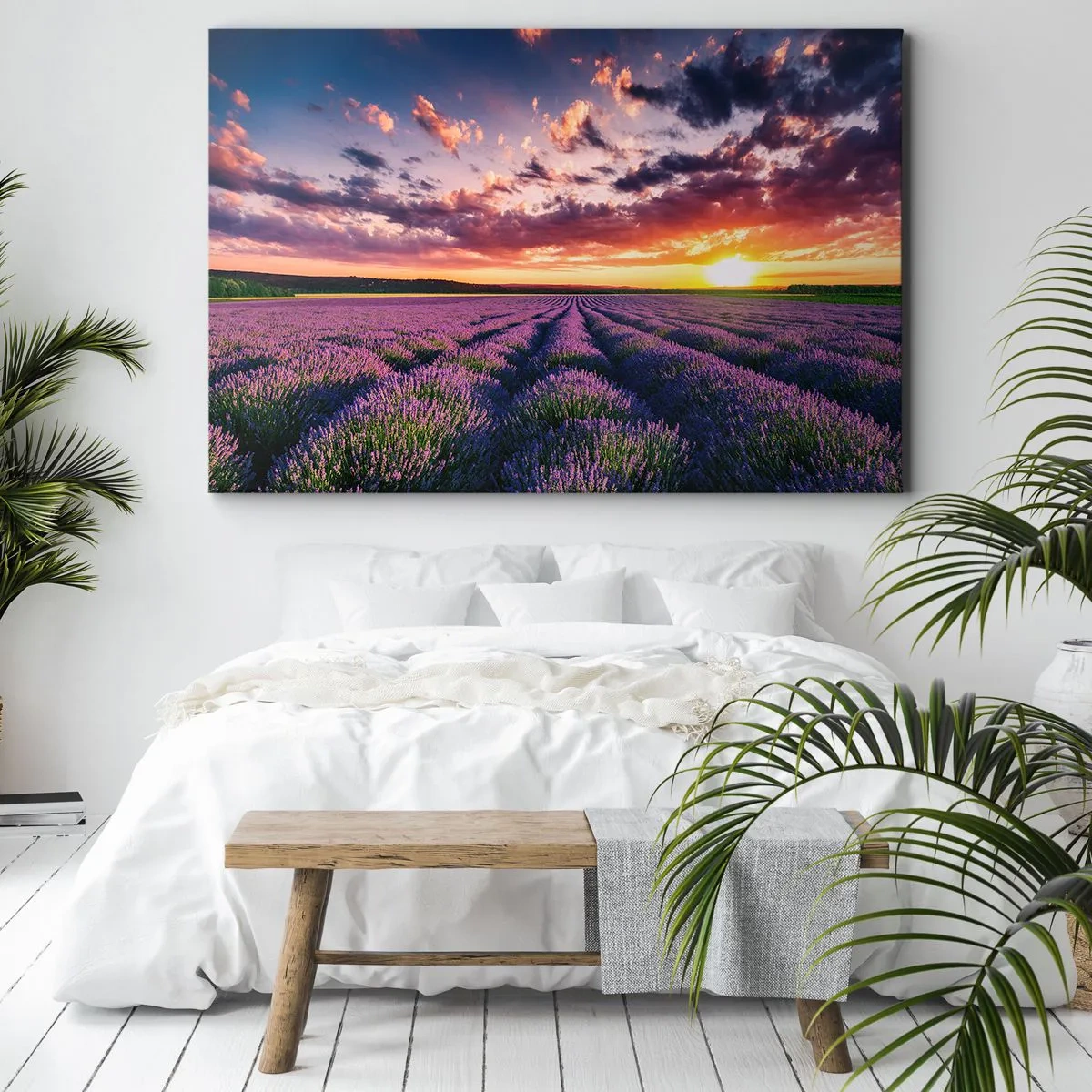 Obraz na plátně - Levandulové pole při západu slunce s barevnou oblohou - 70x50cm - Levandulový svět - Moderní nástěnná dekorace do obývacího pokoje a ložnice ARTTOR