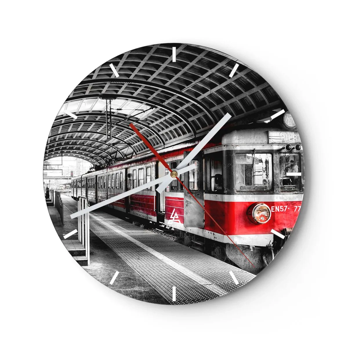 Nástěnné hodiny - Červený vlak na nádraží v industriálním stylu - 30x30cm - Možná je to životní cesta? - Moderní nástěnná dekorace do obývacího pokoje, kuchyně a ložnice ARTTOR