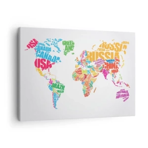 Obraz na plátně - Barevná mapa světa s názvy zemí - 70x50cm - Chci poznat všechny - Moderní nástěnná dekorace do obývacího pokoje a ložnice ARTTOR
