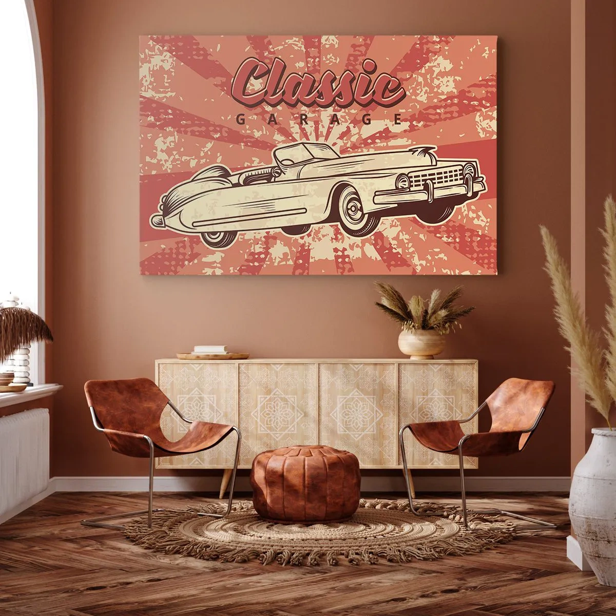 Obraz na plátně - Retro plakát s klasickým autem a nápisem Classic Garage - 70x50cm - V rádiu je Elvis - Moderní nástěnná dekorace do obývacího pokoje a ložnice ARTTOR
