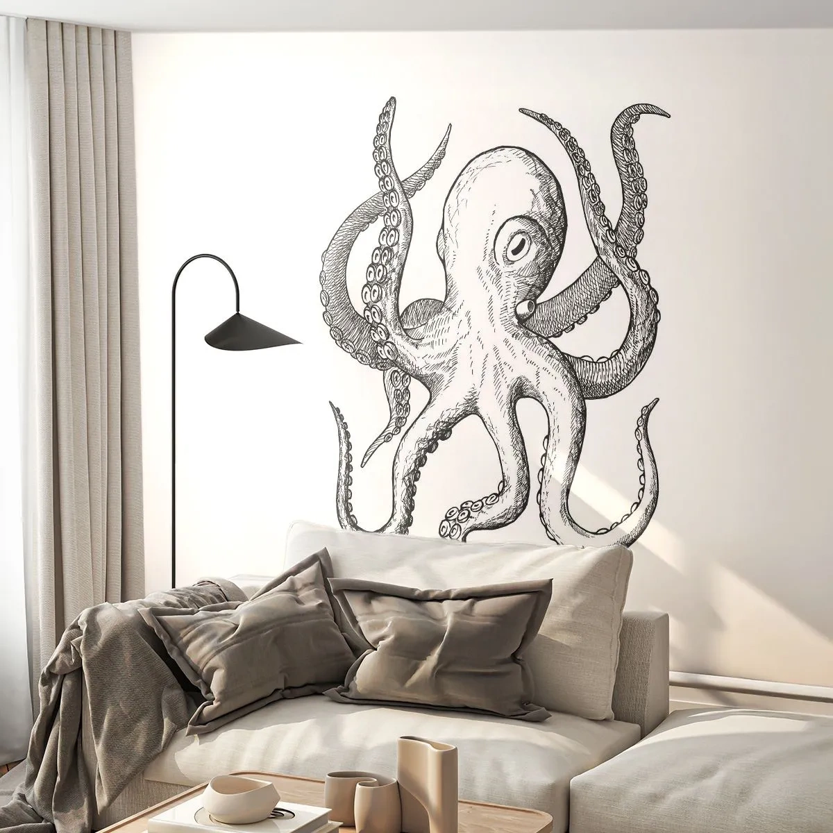 Fototapeta Premium Canvas - Tančící s vlnami - Chobotnice, Výkres, Pobřeží - 500x350 cm