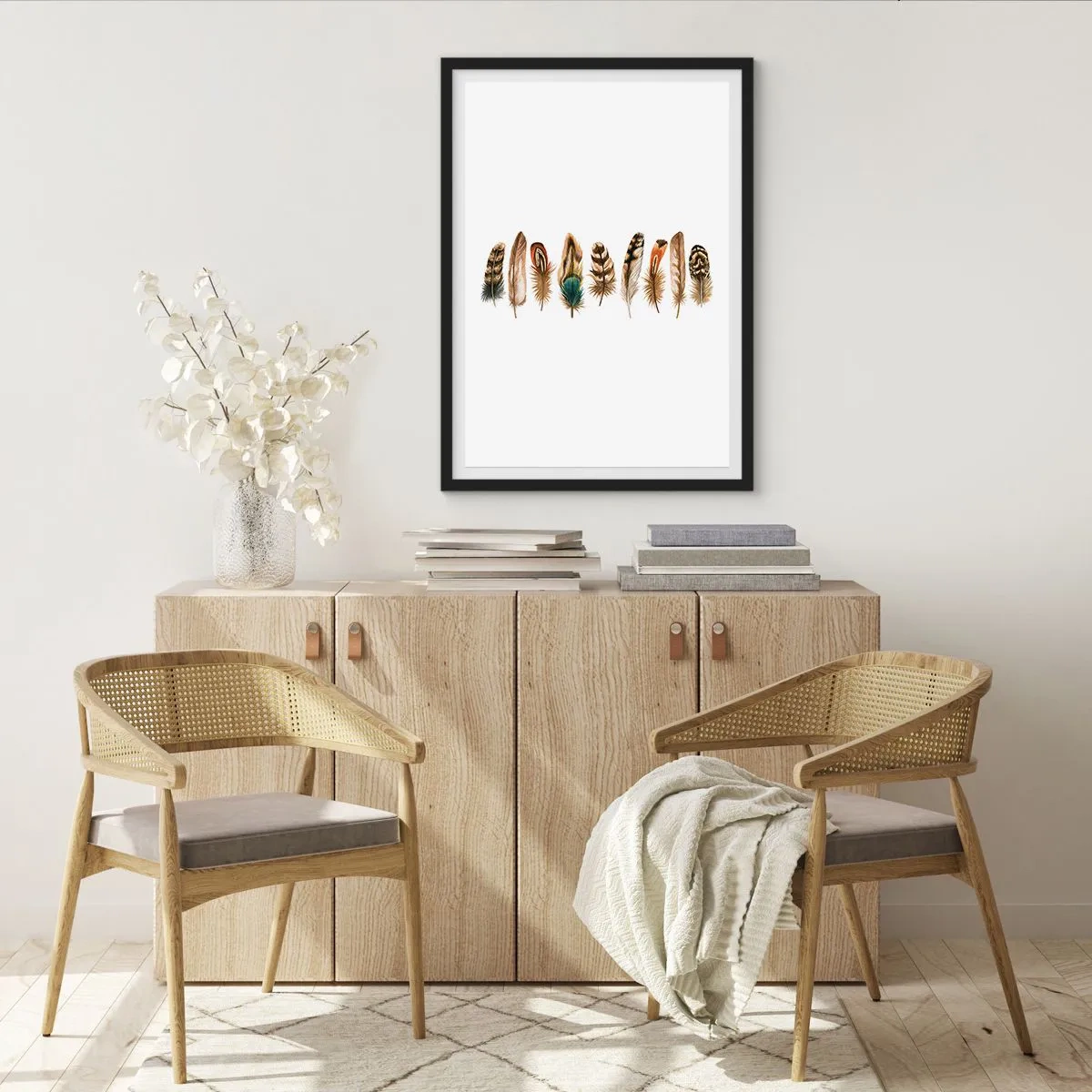 Plakát v černém rámu - Barevné peří v řadě - 50x70cm - Opeřená variace - Moderní nástěnná dekorace do obývacího pokoje a ložnice ARTTOR