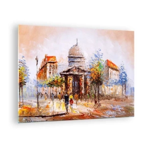 Obraz na skle - Malebná městská ulice s historickou budovou v pozadí - 70x50cm - Pařížská procházka - Moderní nástěnná dekorace do obývacího pokoje a ložnice ARTTOR