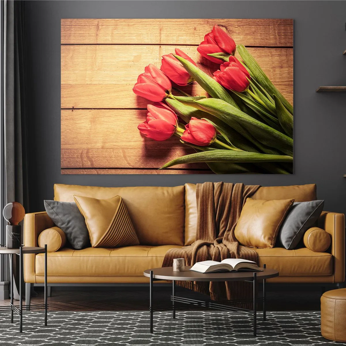 Obraz na skle - Červené tulipány na dřevěné desce - 70x50cm - Jarní vyznání - Moderní nástěnná dekorace do obývacího pokoje a ložnice ARTTOR