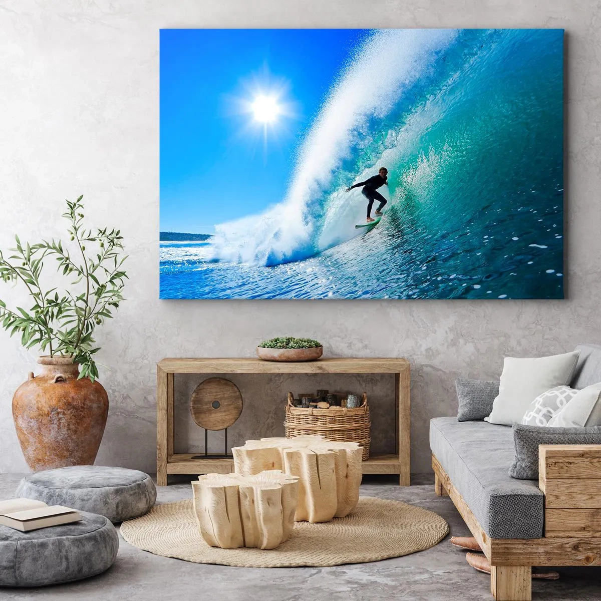 Obraz na plátně - Surfař na prkně jede uvnitř silné vlny pod modrou oblohou. - 70x50cm - Přes velký blankyt - Moderní nástěnná dekorace do obývacího pokoje a ložnice ARTTOR