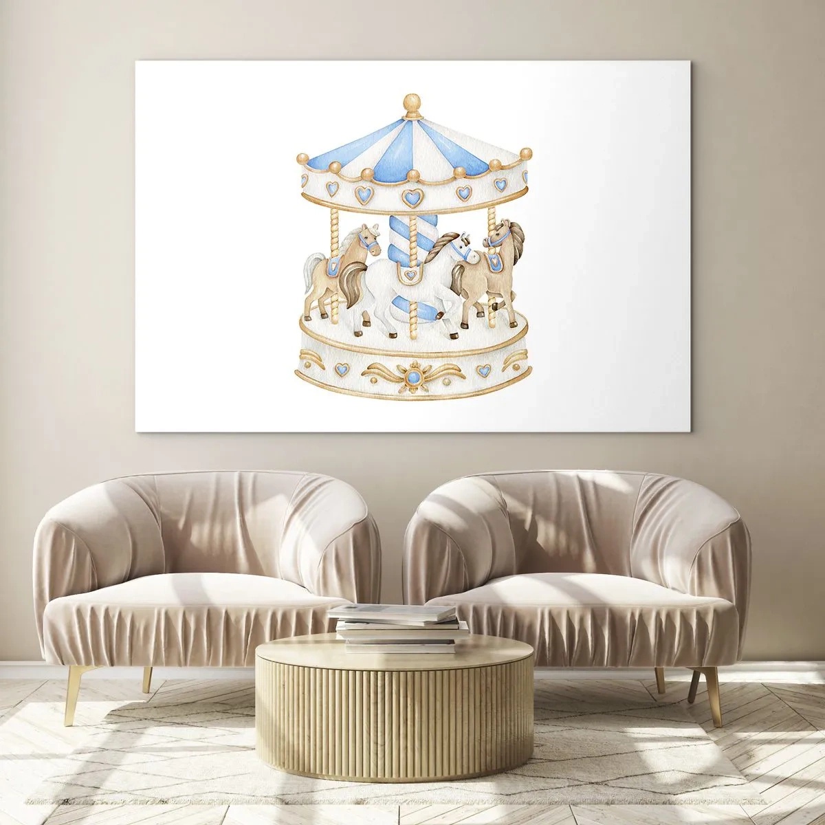 Obraz na skle - Kolotoč s koňmi v pastelových barvách - 70x50cm - Sladké dětství - Moderní nástěnná dekorace do obývacího pokoje a ložnice ARTTOR
