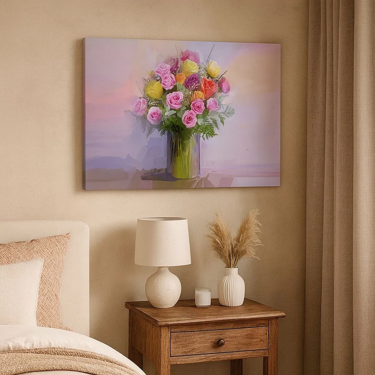 Obraz na plátně - Kytice barevných růží ve skleněné váze - 70x50cm - Zachycená krása - Moderní nástěnná dekorace do obývacího pokoje a ložnice ARTTOR