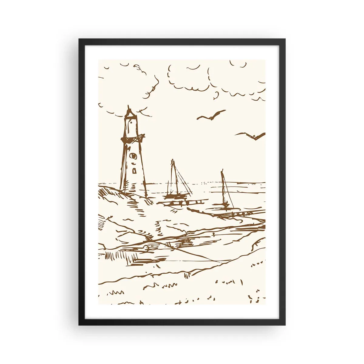 Plakát v černém rámu - Maják s loděmi a ptáky - 50x70cm - Náčrt letních vzpomínek - Moderní nástěnná dekorace do obývacího pokoje a ložnice ARTTOR