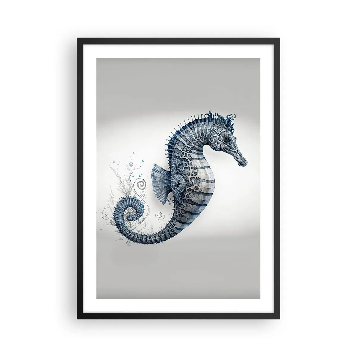 Plakát v černém rámu - Detailní ilustrace mořského koníka na světlém pozadí - 50x70cm - Jemný vtip přírody - Moderní nástěnná dekorace do obývacího pokoje a ložnice ARTTOR
