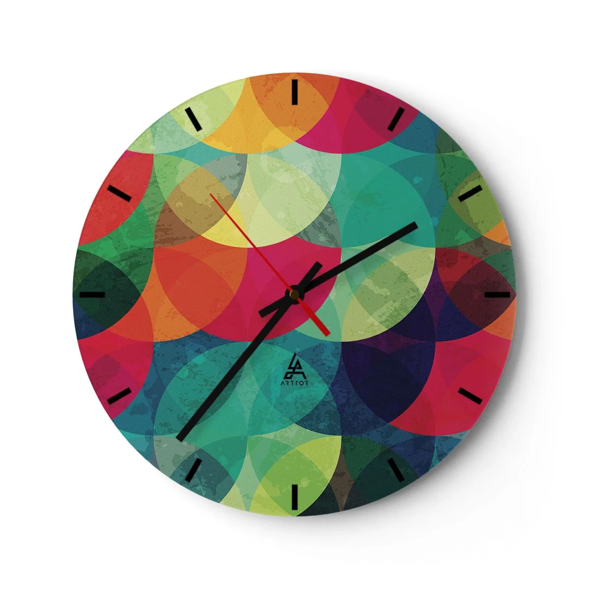 Nástěnné hodiny - Vícebarevné kruhy se překrývají v geometrické kompozici - 30x30cm - Vstoupit do duhy - Moderní nástěnná dekorace do obývacího pokoje, kuchyně a ložnice ARTTOR