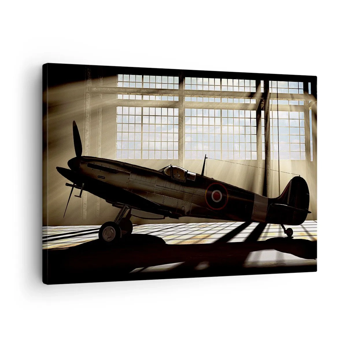 Obraz na plátně - Historické letadlo v hangáru osvětleném slunečním světlem - 70x50cm - Odpočinek bojovníka - Moderní nástěnná dekorace do obývacího pokoje a ložnice ARTTOR