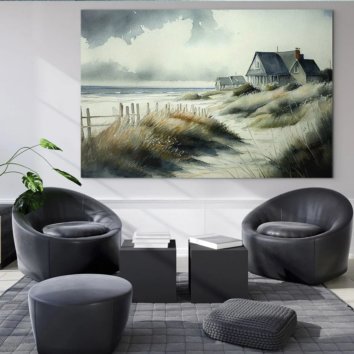 Obraz na skle - Domy na pláži pod zataženou oblohou - 70x50cm - Daleko od shonu - Moderní nástěnná dekorace do obývacího pokoje a ložnice ARTTOR