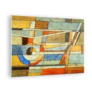 Obraz na skle - Abstraktní kompozice s geometrickými vzory a teplými barvami. - 70x50cm - Kubismus na stavbě - Moderní nástěnná dekorace do obývacího pokoje a ložnice ARTTOR