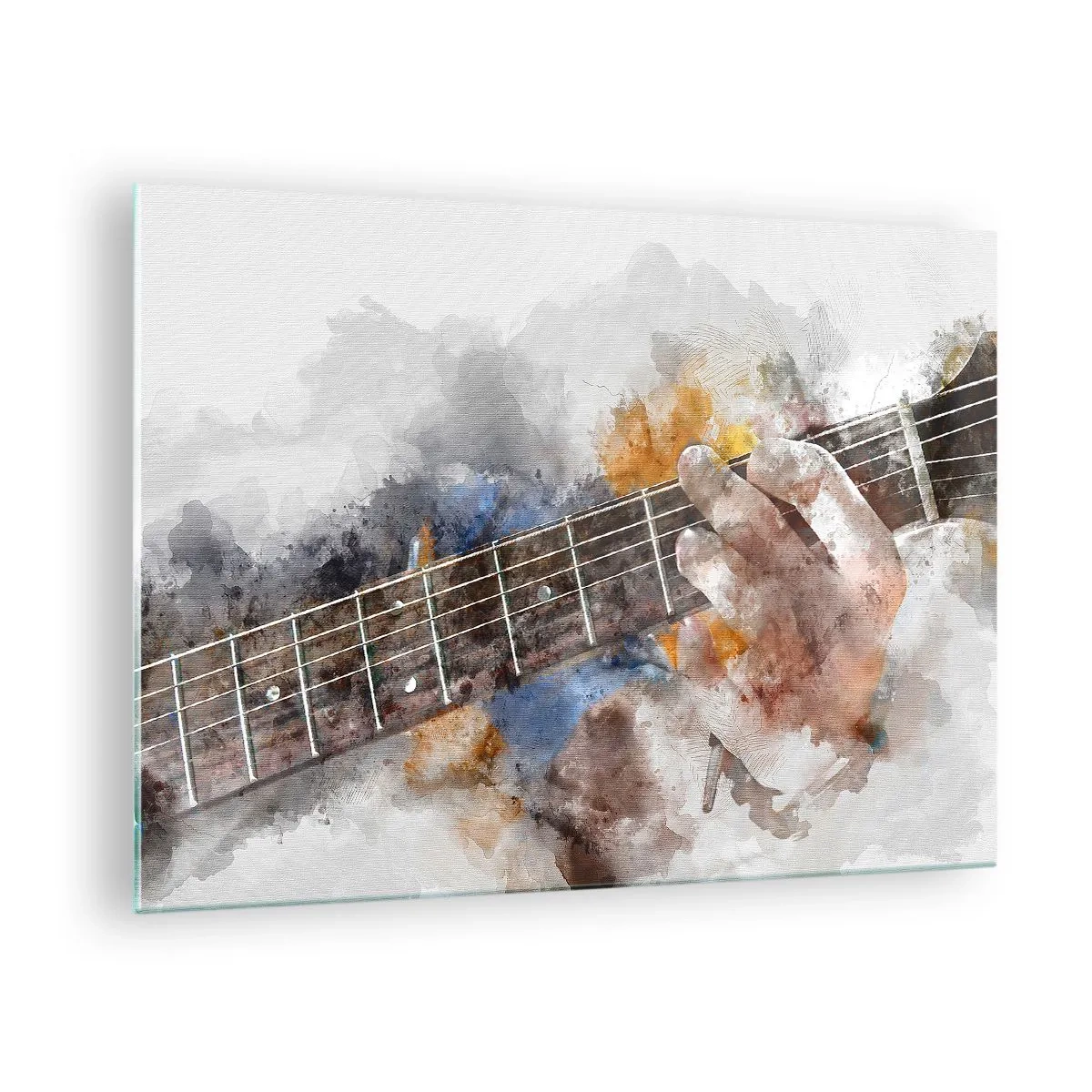 Obraz na skle - Akvarelový motiv ruky hrající na kytaru - 70x50cm - Poezie mezi strunami - Moderní nástěnná dekorace do obývacího pokoje a ložnice ARTTOR