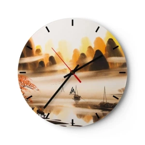 Nástěnné hodiny - Krajina s horami a loděmi v mlze v orientálním stylu - 30x30cm - Dál než na Dálném východu - Moderní nástěnná dekorace do obývacího pokoje, kuchyně a ložnice ARTTOR