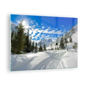 Obraz na skle - Zimní horská krajina s lesem a modrou oblohou - 70x50cm - Ve sněhu a na slunci - Moderní nástěnná dekorace do obývacího pokoje a ložnice ARTTOR