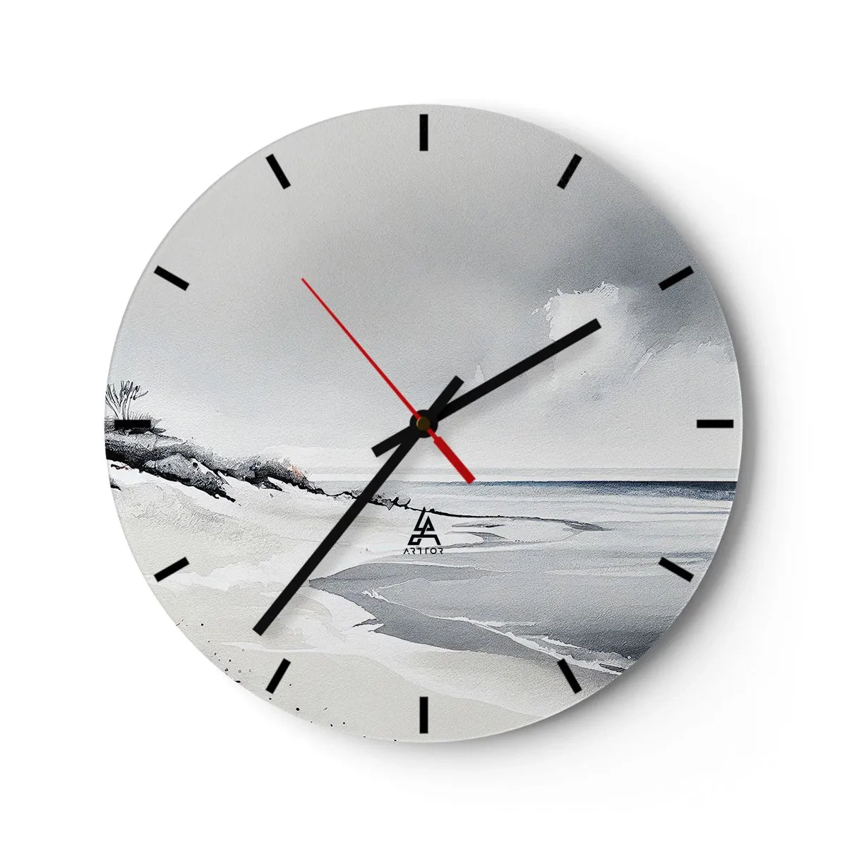Nástěnné hodiny - Minimalistická plážová krajina s dunami a zamračenou oblohou. - 30x30cm - Vždycky spolu - Moderní nástěnná dekorace do obývacího pokoje, kuchyně a ložnice ARTTOR