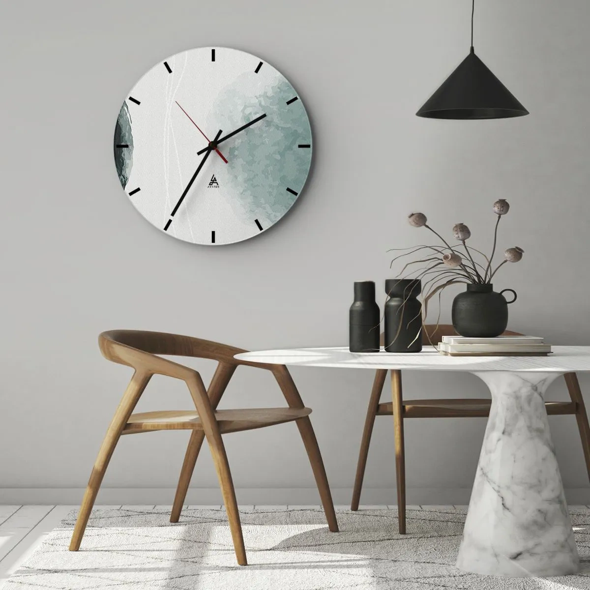 Nástěnné hodiny - Tlumená abstrakce se zelenými skvrnami na světlém pozadí - 30x30cm - Setkání s mlhou - Moderní nástěnná dekorace do obývacího pokoje, kuchyně a ložnice ARTTOR