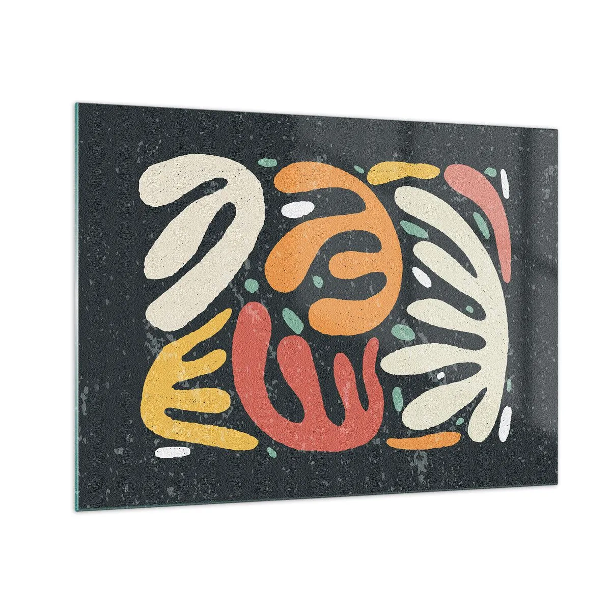 Obraz na skle - Barevné organické tvary na tmavém pozadí v abstraktním stylu. - 70x50cm - Kompozice – hned tě chytím - Moderní nástěnná dekorace do obývacího pokoje a ložnice ARTTOR