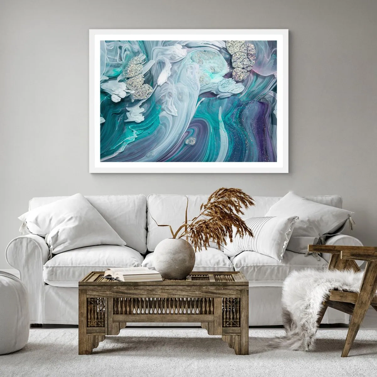 Plakát v bílém rámu - Proudy modré - 60x60 cm