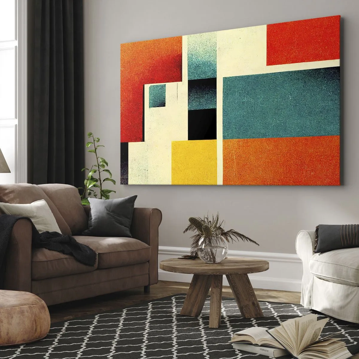 Obraz na plátně - Geometrická abstrakce s barevnými obdélníky a čtverci - 70x50cm - Geometrická abstrakce – dobrá energie - Moderní nástěnná dekorace do obývacího pokoje a ložnice ARTTOR
