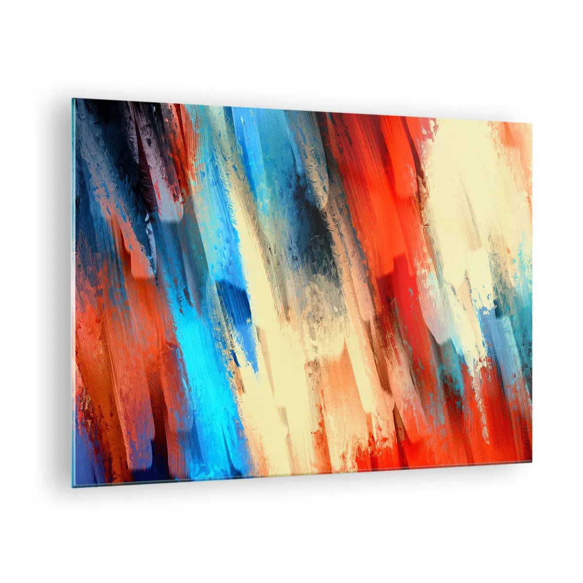 Obraz na skle - Abstraktní tahy štětcem v odstínech modré, červené a béžové - 70x50cm - Vodopád barev - Moderní nástěnná dekorace do obývacího pokoje a ložnice ARTTOR