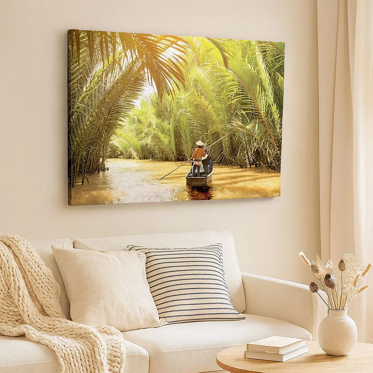 Obraz na plátně - Loď na řece obklopené tropickou vegetací - 70x50cm - Palmovou souteškou - Moderní nástěnná dekorace do obývacího pokoje a ložnice ARTTOR