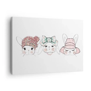 Obraz na plátně - Rozkošní králíčci v pastelových pokrývkách hlavy - 70x50cm - Zamyšlená, smutná, spokojená - Moderní nástěnná dekorace do obývacího pokoje a ložnice ARTTOR