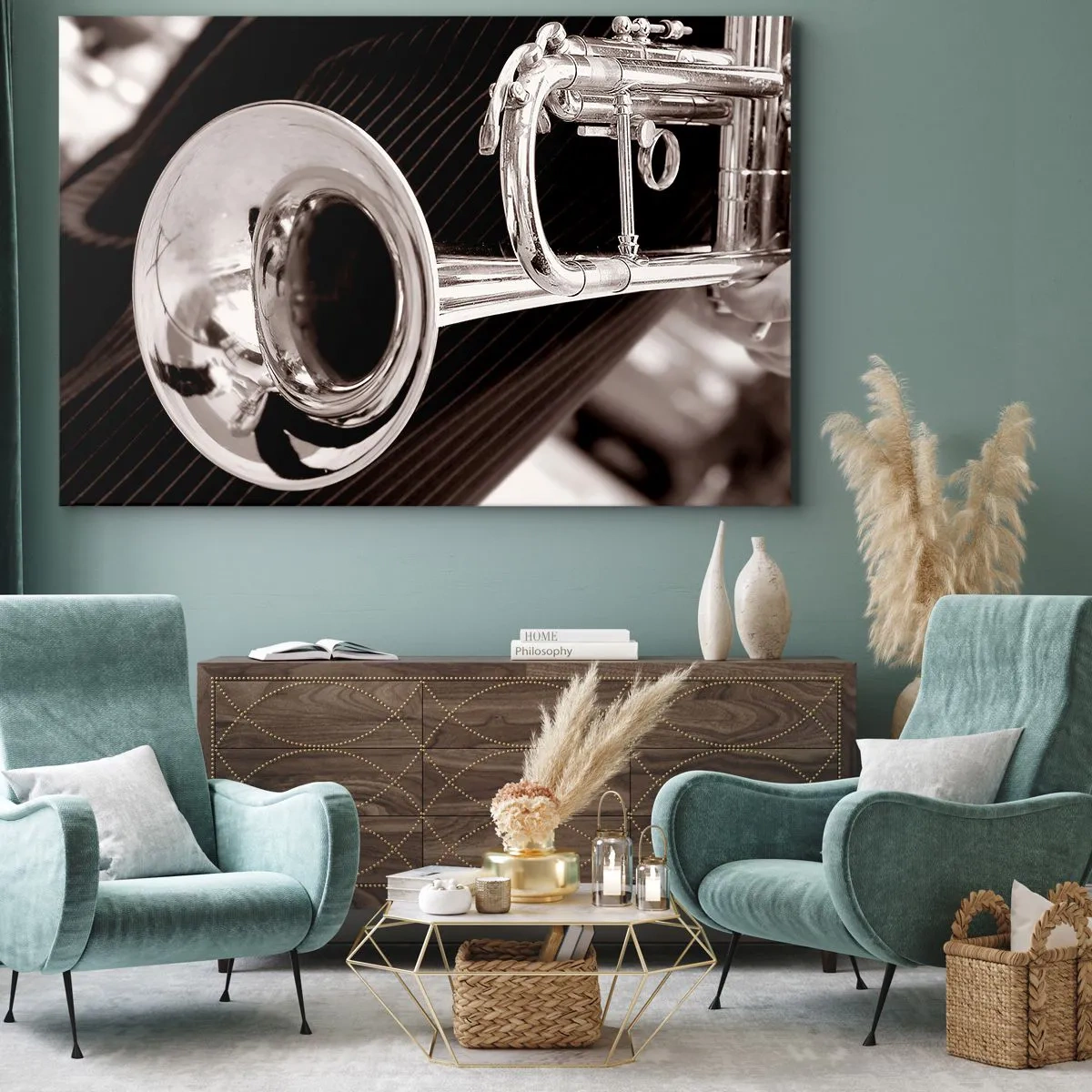 Obraz na plátně - Detailní záběr na stříbrnou trumpetu na elegantním látkovém pozadí. - 70x50cm - Hudební cestování do 30. let - Moderní nástěnná dekorace do obývacího pokoje a ložnice ARTTOR