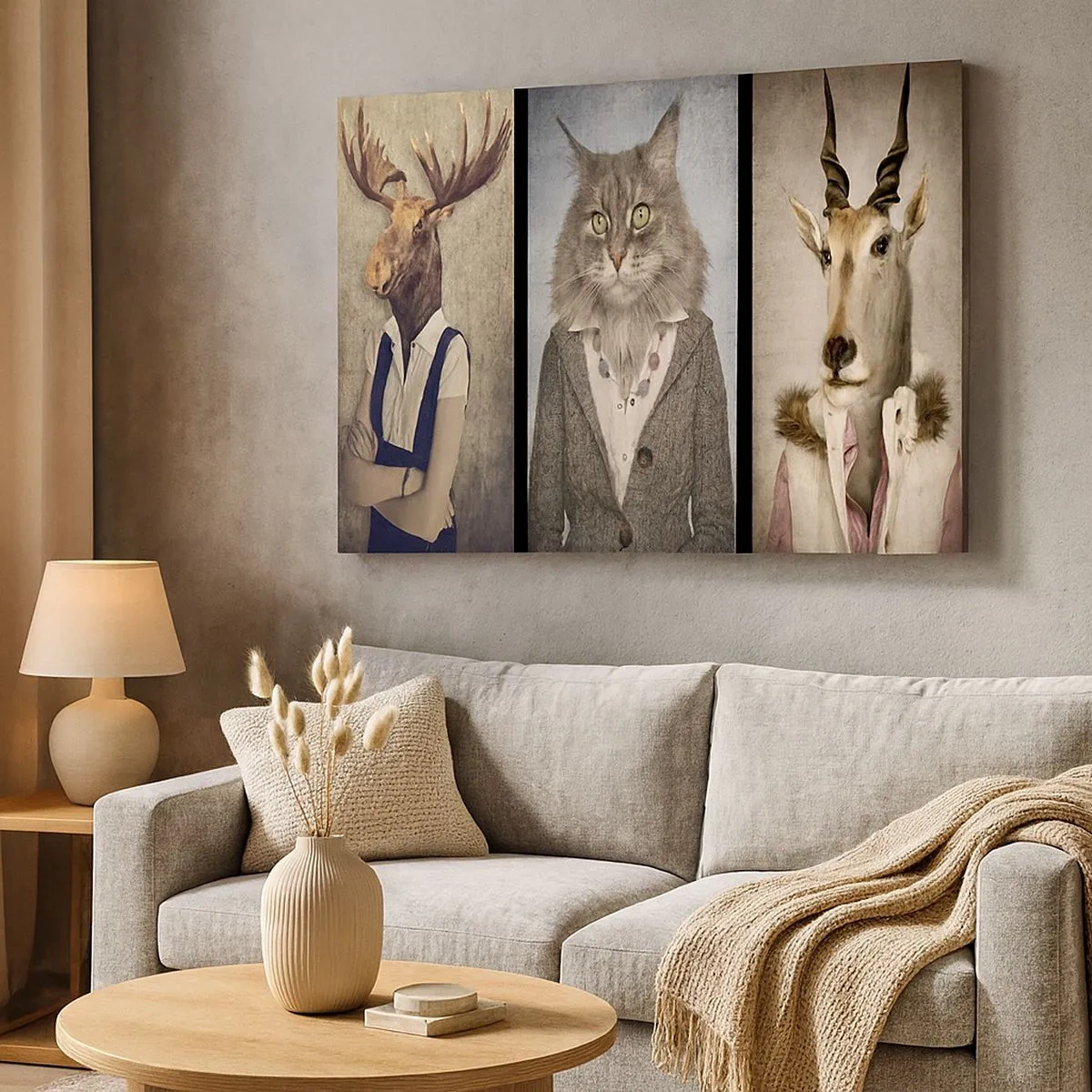 Obraz na plátně - Triptych se zvířecími postavami v elegantním oblečení na stylizovaném pozadí - 70x50cm - Kožichy znovu v módě - Moderní nástěnná dekorace do obývacího pokoje a ložnice ARTTOR