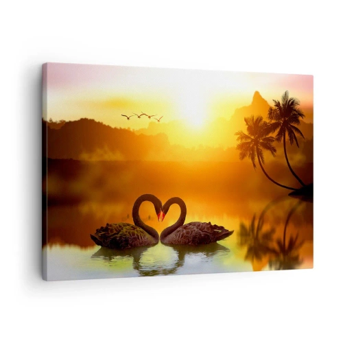 Obraz na plátně - Dvě černé labutě tvořící srdce na pozadí západu slunce u jezera - 70x50cm - Všechno do páru - Moderní nástěnná dekorace do obývacího pokoje a ložnice ARTTOR