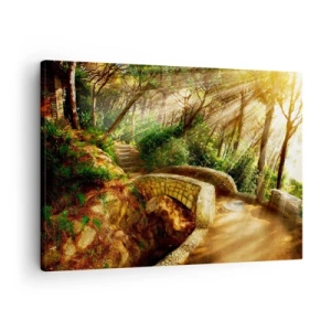 Obraz na plátně - Lesní krajina se slunečními paprsky a kamenným mostem - 70x50cm - Přímo z můstku v pohádkovém lese - Moderní nástěnná dekorace do obývacího pokoje a ložnice ARTTOR