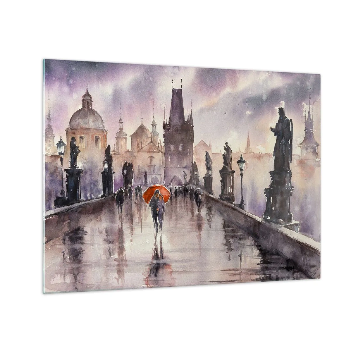 Obraz na skle - Chůze v dešti po mostě s oranžovým deštníkem - 70x50cm - Lidé se nemění - Moderní nástěnná dekorace do obývacího pokoje a ložnice ARTTOR
