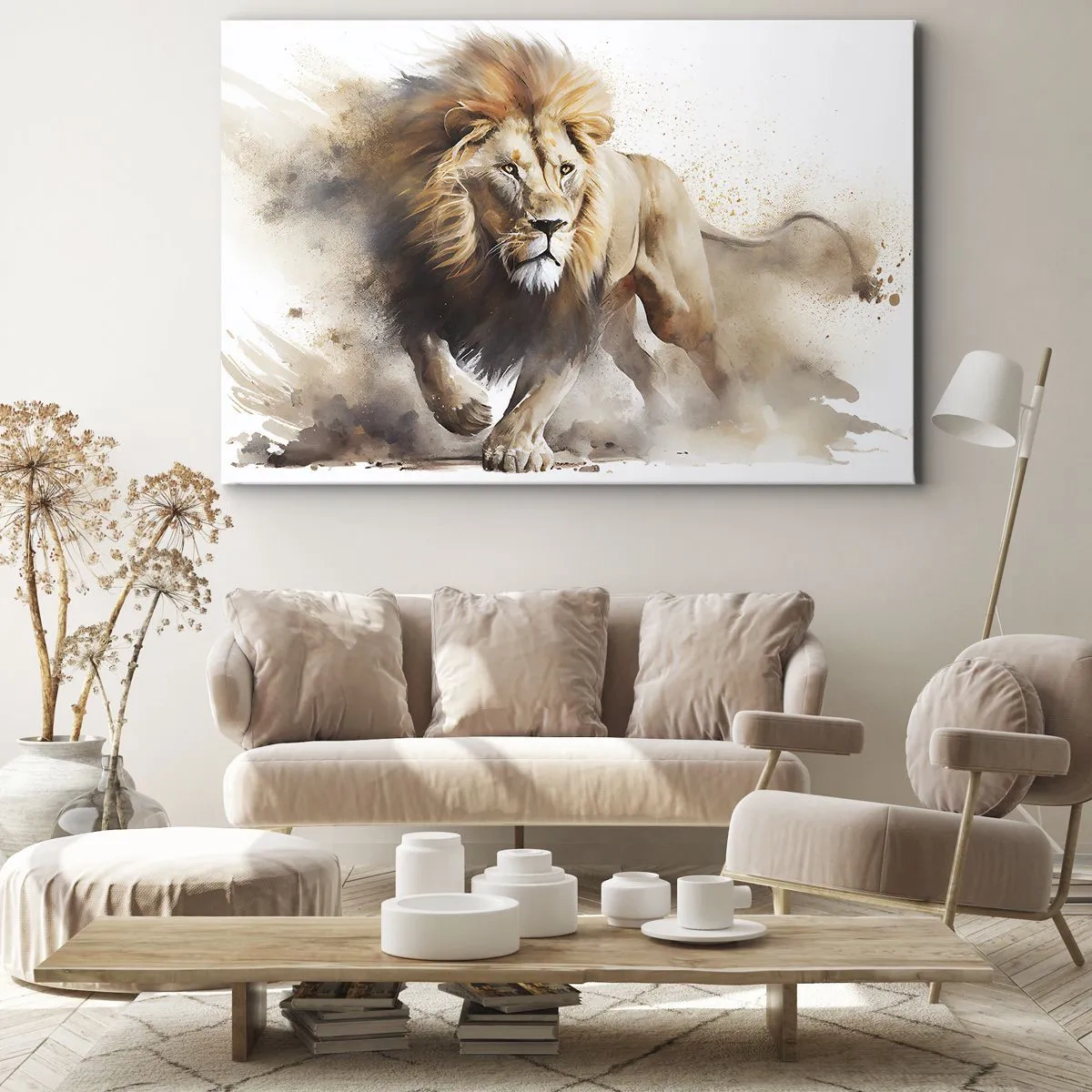Obraz na plátně - Dynamický portrét lva v přirozených barvách. - 70x50cm - Král se pohnul - Moderní nástěnná dekorace do obývacího pokoje a ložnice ARTTOR