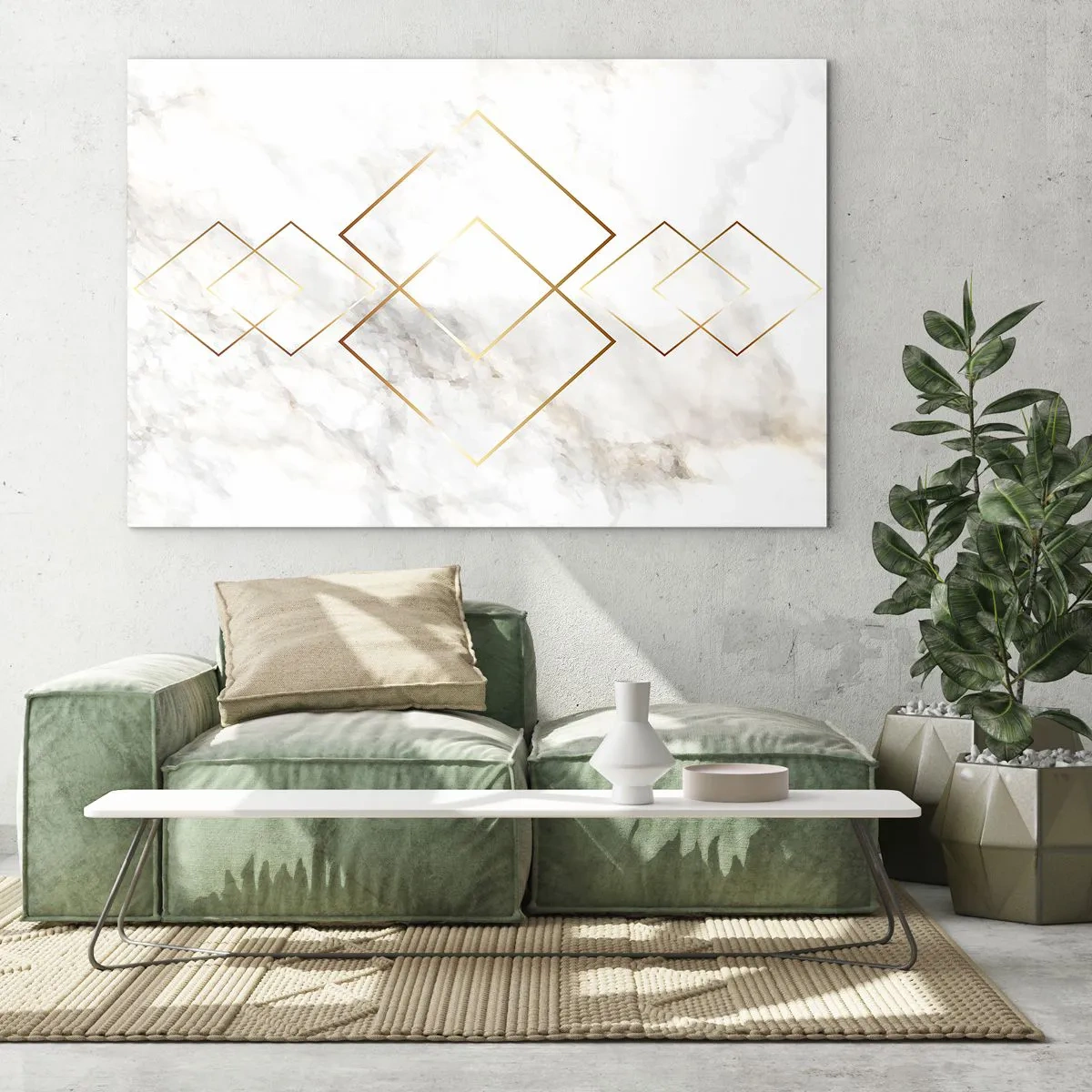 Obraz na skle - Geometrické zlaté kosočtverce na bílém mramorovém pozadí - 70x50cm - Pohled na nekonečno - Moderní nástěnná dekorace do obývacího pokoje a ložnice ARTTOR
