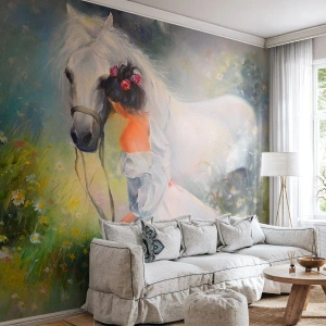 Fototapeta Premium Sand - Jako z krásného snu - Žena, Kůň, Louka - 150x105 cm