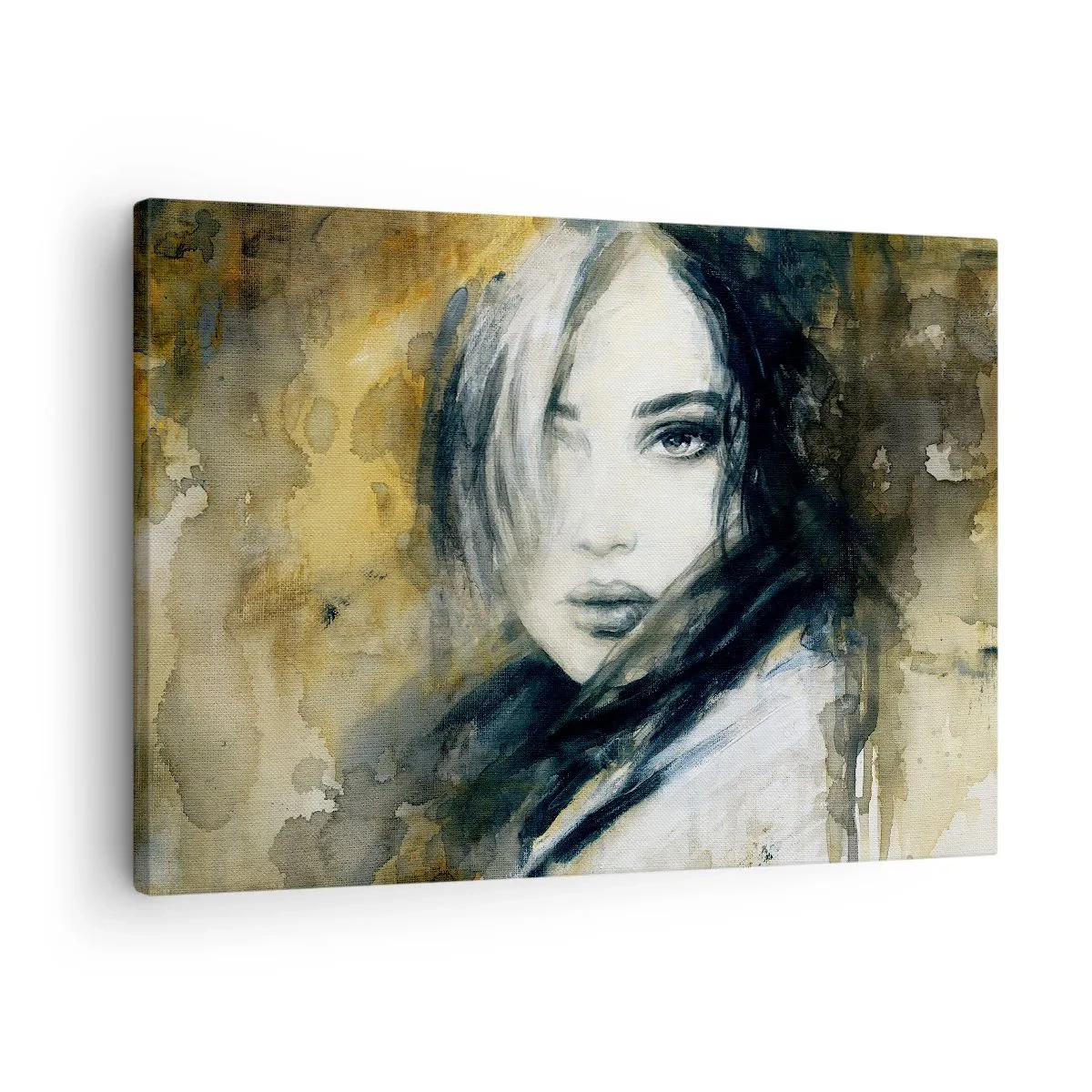 Obraz na plátně - Portrét ženy na pozadí abstraktních skvrn v odstínech béžové - 70x50cm - více nevinná nebo smyslná? - Moderní nástěnná dekorace do obývacího pokoje a ložnice ARTTOR