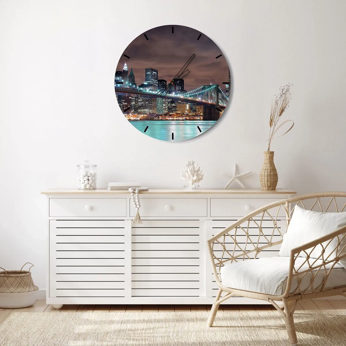 Nástěnné hodiny - Brooklynský most a panorama New Yorku v noci - 30x30cm - Světla velkoměsta - Moderní nástěnná dekorace do obývacího pokoje, kuchyně a ložnice ARTTOR